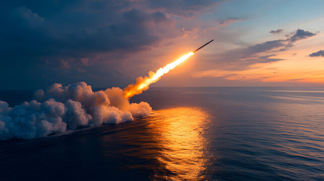 A warship launching missiles over the ocean leaving trails of fire in the sky.
