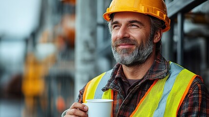 Middle-aged construction worker enjoys coffee break in reflective vest and hard hat