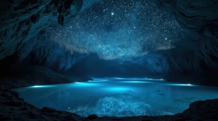 Wide cavern with glow worms casting starry-night glow, reflecting on underground pool