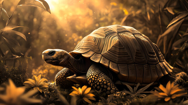 A wise-looking tortoise walking slowly through a sunlit jungle its shell covered in intricate patterns.