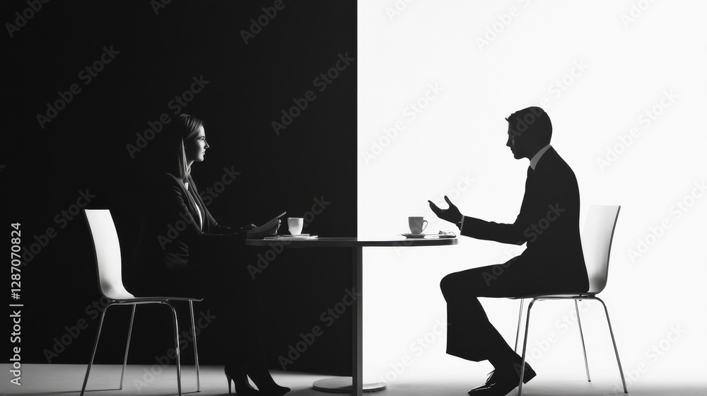 Aufkleber conversation in contrasting light between a man and woman at a table in a minimalist setting. genera