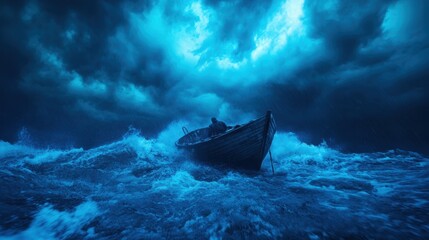 A lonely boat is overwhelmed by powerful waves, set against a backdrop of dramatic storm clouds, evoking feelings of vulnerability and courage against nature's fury.