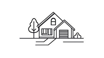 Simple Line Art Illustration: Suburban House and Trees AI Generated