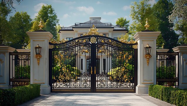 Art Deco-style steel gate with gold and black accents, complementing the white stone exterior an elegant villa . .