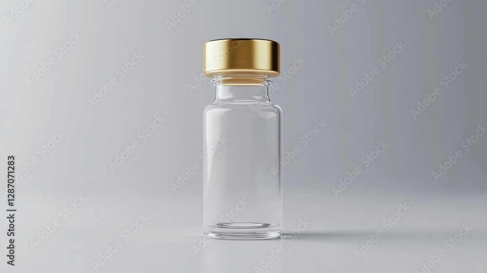 Poster Clear glass bottle with gold cap placed on a light surface for product display in an elegant setting. Generative AI