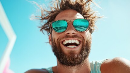 Fototapeta premium A young man with wild hair and sunglasses beams at the camera, embodying freedom and enjoyment amid a summer backdrop, radiating positive energy and happiness.