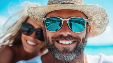 A charismatic man with a beard and sunglasses poses happily at the beach, showcasing a carefree spirit while enjoying the beautiful seaside view with a smile.