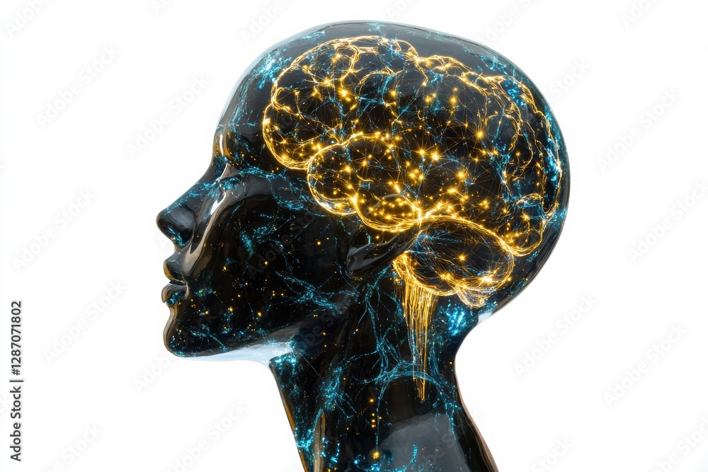 Poster Complex neural connections and glowing synapses illustrate artificial intelligence in a human head profile. Generative AI