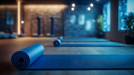 A yoga and stretching area in a gym featuring mats foam rollers and ambient lighting for relaxation.