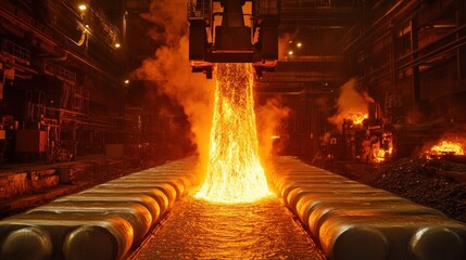 Molten aluminum pouring at a smelting plant shows intense industrial precision