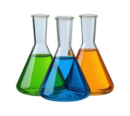 Set of Three Colorful Laboratory Erlenmeyer Flasks with Vibrant Liquid Solutions, Ideal for Scientific Experiments and Educational Displays, Isolated on Transparent and White Background