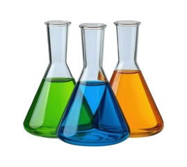 Set of Three Colorful Laboratory Erlenmeyer Flasks with Vibrant Liquid Solutions, Ideal for Scientific Experiments and Educational Displays, Isolated on Transparent and White Background
