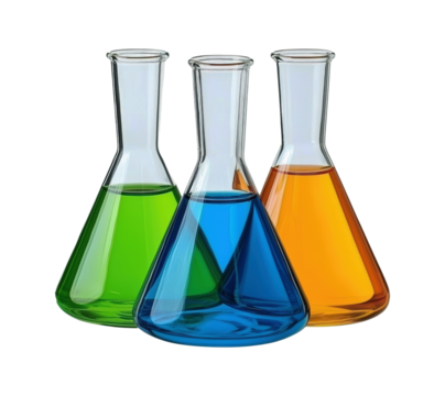 Set of Three Colorful Laboratory Erlenmeyer Flasks with Vibrant Liquid Solutions, Ideal for Scientific Experiments and Educational Displays, Isolated on Transparent and White Background