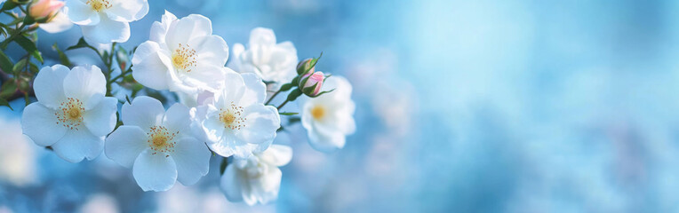 Obraz premium Beautiful spring border, blooming rose bush on a blue background. Flowering rose hips against the blue sky. Soft selective focus 