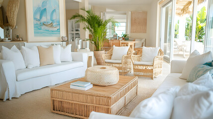 A beach-inspired living room with light colors and rattan furniture.