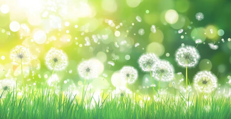 Obraz premium Vector of spring background with white dandelions. 