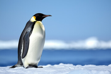 an emperor penguin standing on the ice, side view, full-body shot, against a blue sky background