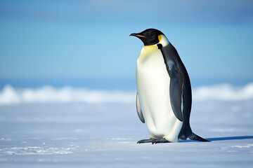 an emperor penguin standing on the ice, side view, full-body shot, against a blue sky background