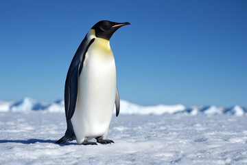 an emperor penguin standing on the ice, side view, full-body shot, against a blue sky background