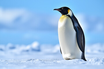 an emperor penguin standing on the ice, side view, full-body shot, against a blue sky background