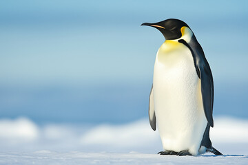 an emperor penguin standing on the ice, side view, full-body shot, against a blue sky background