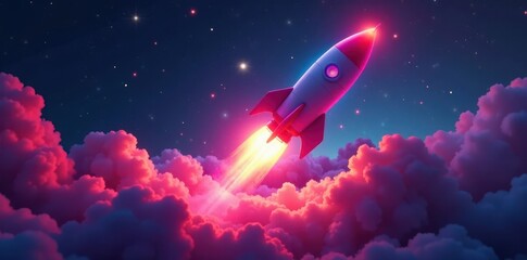 Multicolored rocket ascension, glowing neon, swirling smoke , design, bright