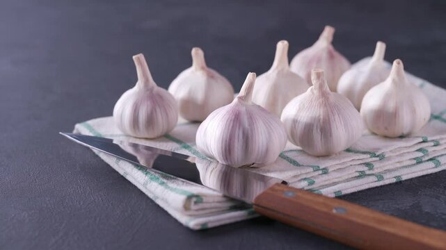 organic garlic bulbs on a black table. Fresh garlic bulbs on a black stone table. 