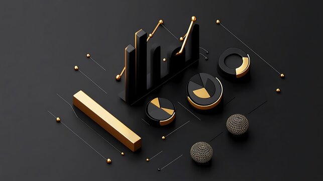 Elegant Gold and Black 3D Rendered Business Charts and Graphs AI Generated