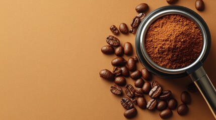 Champion coffee tamper compressing fresh ground robusta beans against light brown backdrop