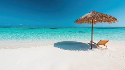 A picturesque beach scene featuring a straw umbrella casting a shadow over a lone chair on the sand, evoking feelings of tranquility and a perfect getaway from life.
