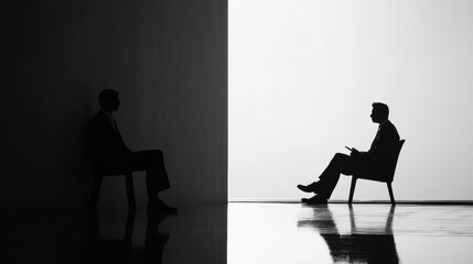 Two professionals engage in a discussion in a minimalist setting featuring stark contrasts and shadows at a modern office. Generative AI