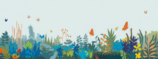 Beautiful floral background, panorama. Leaves, colorful flowers, caterpillars, butterflies. Bright spring and summer banner for cover social network, invitation, wedding, holiday. Vector illustration.