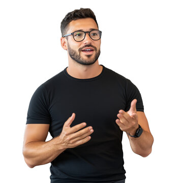 Man speaking confidently with expressive hand gestures