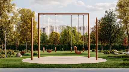 Autumnal Park Swing Set: 3D Render of Modern Playground Design AI Generated