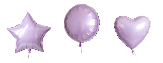 Set of three purple balloons: star, circle, heart-shaped party decorations on transparent background. Сutout PNG file