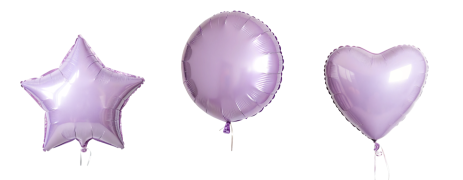 Set of three purple balloons: star, circle, heart-shaped party decorations on transparent background. Сutout PNG file