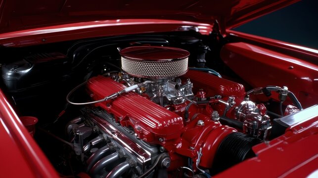 This detailed image showcases a vivid red engine with polished chrome components, exuding power, precision, and a glossy finish that captures attention.