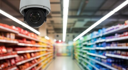 Security camera overseeing vibrant grocery aisle, ensuring retail protection