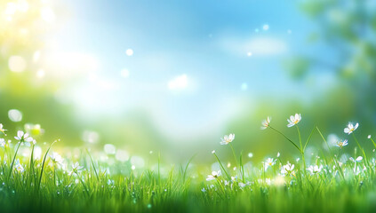 nature background with sunny spring meadow blur background blue sky to green grass 
