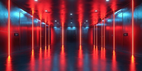 Naklejka premium Neon Red and Blue Corridor: Futuristic Cyberpunk Interior