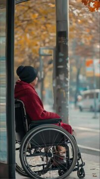 Woman in wheelchair waiting at a bus stop on a cold and rainy day. Generative AI.