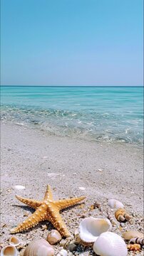 Paradise beach with a starfish and some shells on the shore. Generative AI.