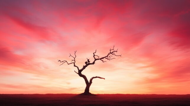 A striking silhouette of a bare tree stands tall against a vibrant and colorful sunset sky, evoking feelings of solitude and beauty in nature. - Powered by Adobe