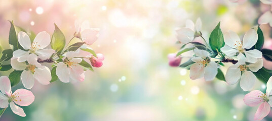 Spring blossom over blurred nature background with sunshine, banner. Retro toned 

