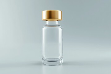 Clear glass bottle with a gold cap placed on a smooth surface in a well lit environment. Generative AI