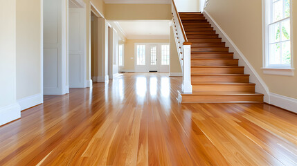 Elegant hardwood floor in spacious foyer, stairs lead upstairs, bright home interior, real estate listing