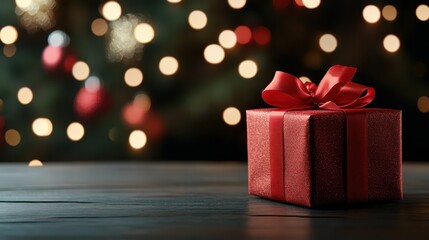 A striking red gift box adorned with a bow stands proudly against the festive backdrop of a Christmas tree, embodying the joy and anticipation of the holiday season.