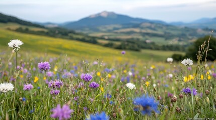 Fototapeta premium Wildflower meadow, mountain backdrop, summer day, scenic landscape, nature photography