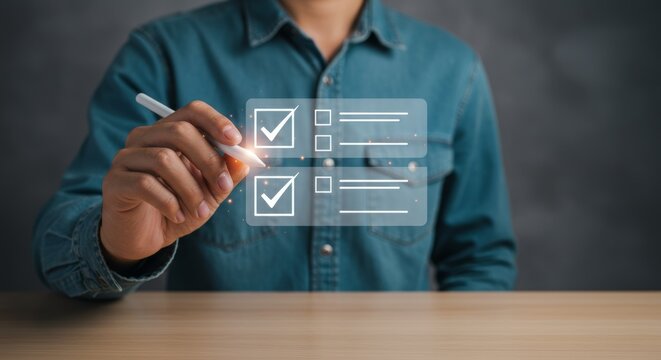Virtual task management selecting options on digital checklist display
