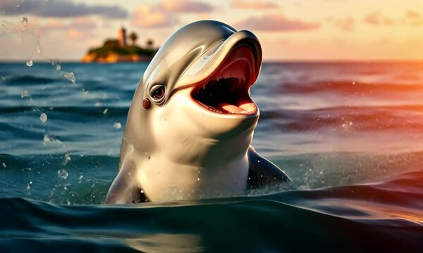 A cheerful young gray dolphin jumps out of the water, crashing into the waves with a playful grin, a small island in the open sea in the background. 4k
